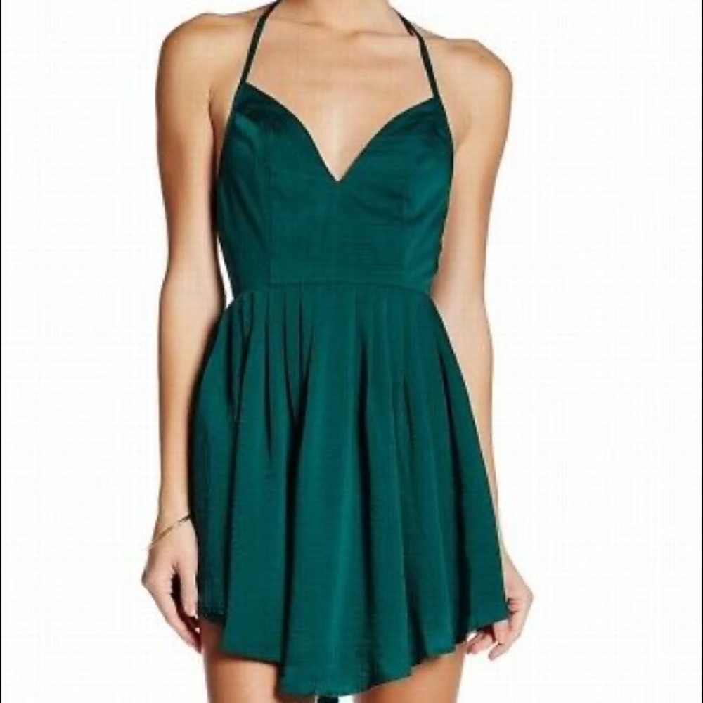 NBD Emerald Deep V-Neck Pleated Mini Dress